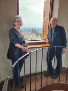 Liza and Wolfgang atop the stairs