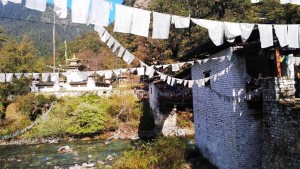 Flag-festooned bridge, Jigme Dorji NP    