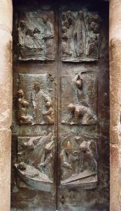 Holy Door showing 6 scenes from the life of St James