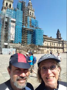 In the Praza, scaffolded cathedral behind us