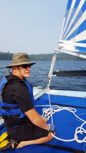 John Poole on the catamaran